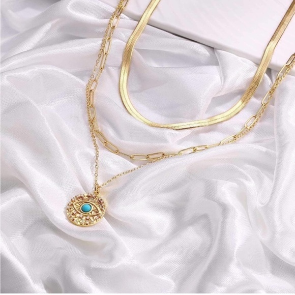 Gold 14k Gold Plated Evil Eye Pendant 3pc Necklace Set - Picture 1 of 3